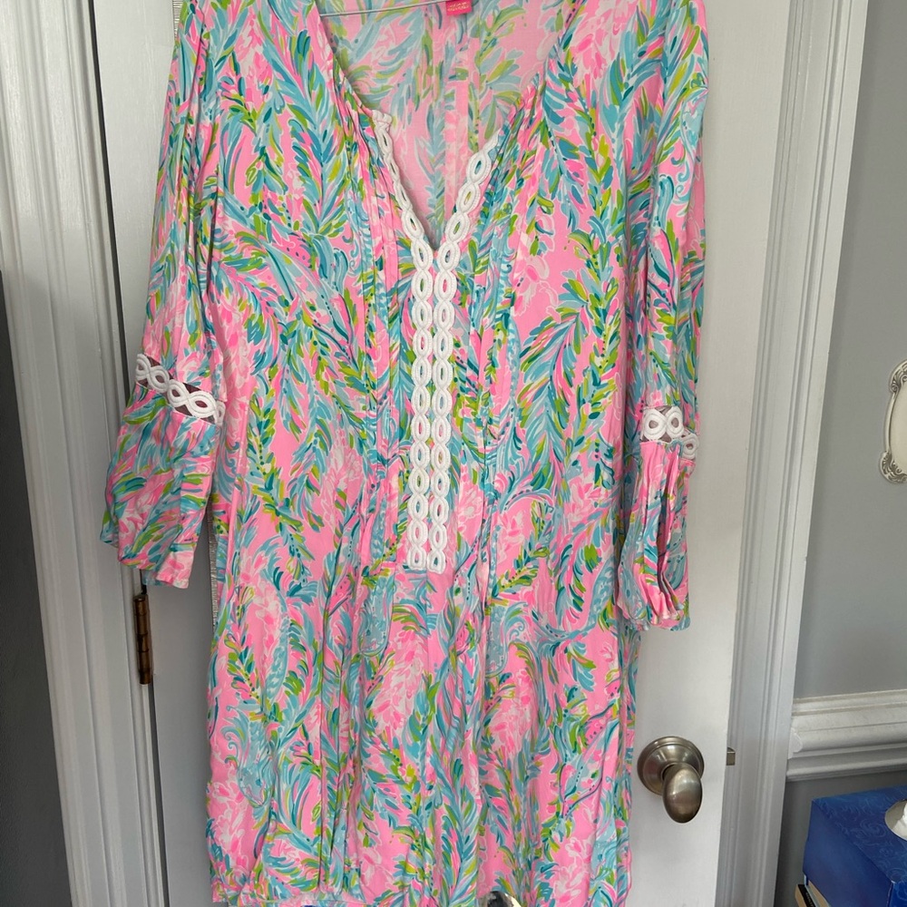 Lilly Pulitzer Pink Tropical Leaf Print Dress Large